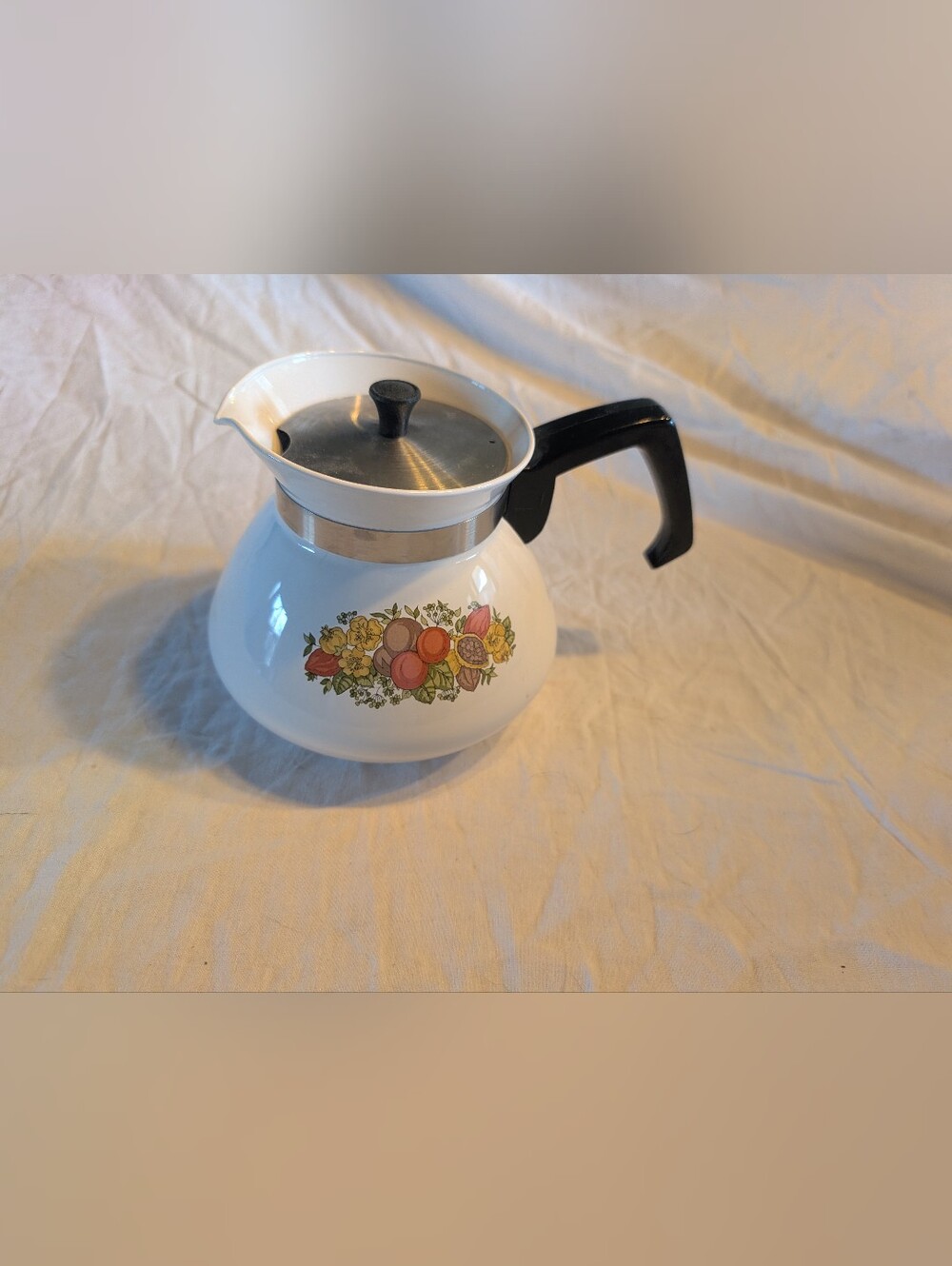 2/60$ Corningware White Coffee Carafe with Fruit & Floral Decal and Black Handle